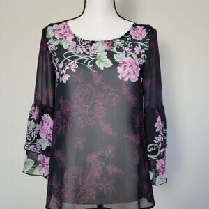 Quintessential Size PS Floral Pullover Scoop Neck Sheer Layered Bell Sleeve Top